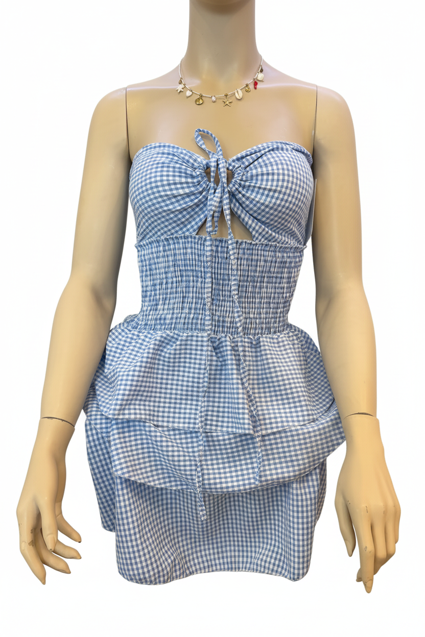 Blue Gingham Peplum Dress — Sfondo Rimosso
