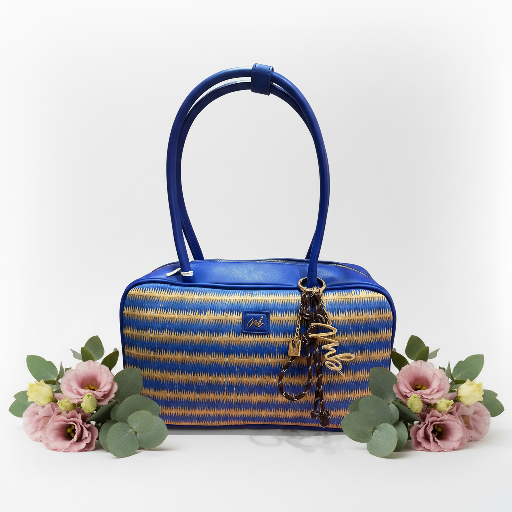 Blue raffia bowling bag front