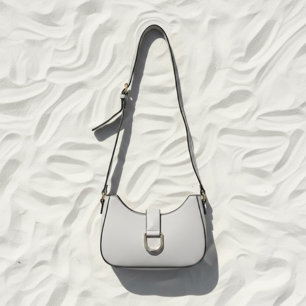 Borsa bianca retro flat lay su sabbia