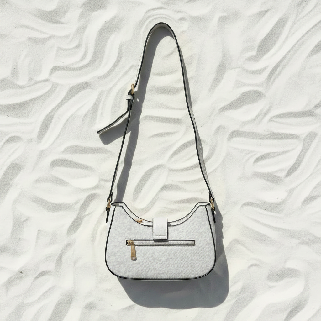 Borsa bianca zip flat lay su sabbia - retry