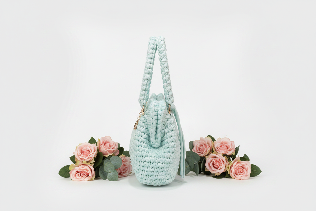 Borsa crochet azzurra - laterale con fiori