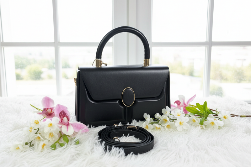 Borsa nera con luce naturale e fiori primaverili