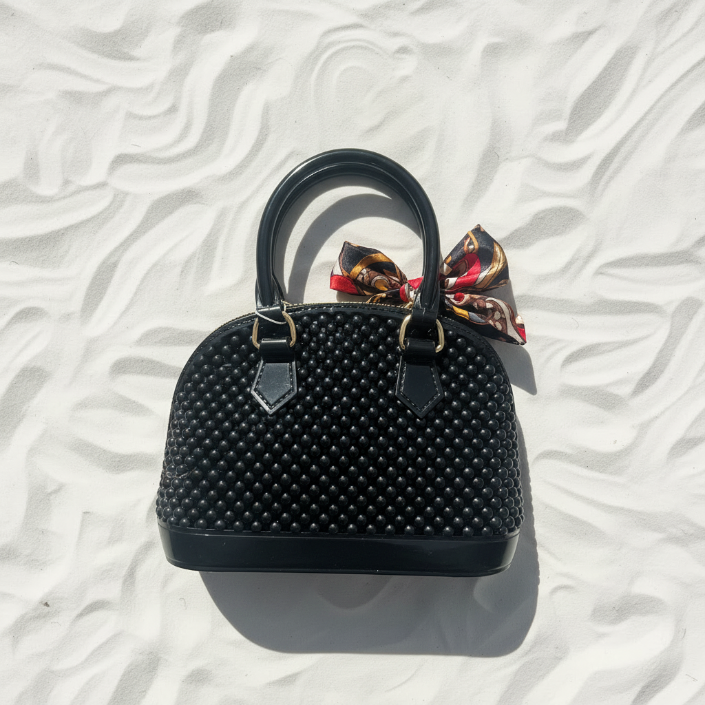 Borsa nera perle frontale flat lay