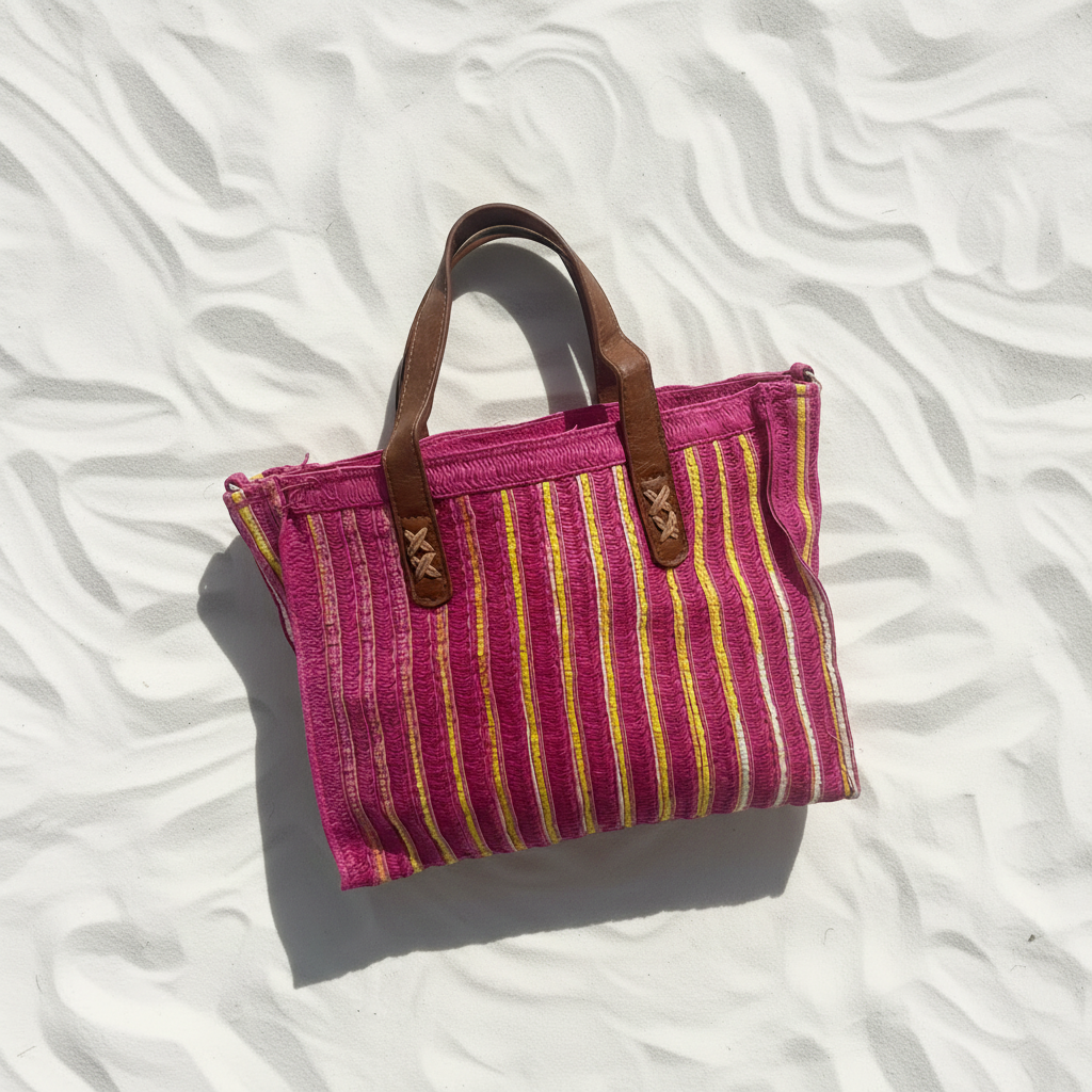 Borsa rafia fucsia dettaglio flat lay
