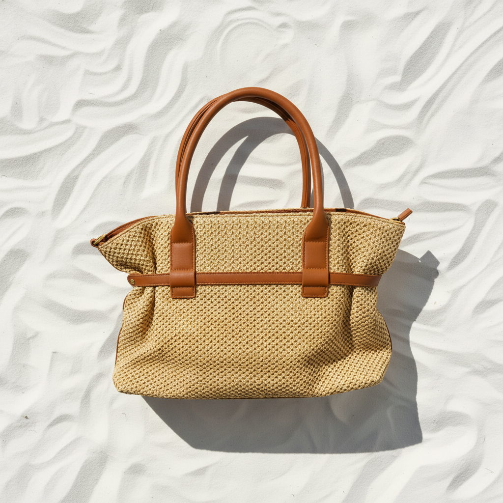 Borsa rafia naturale flat lay su sabbia