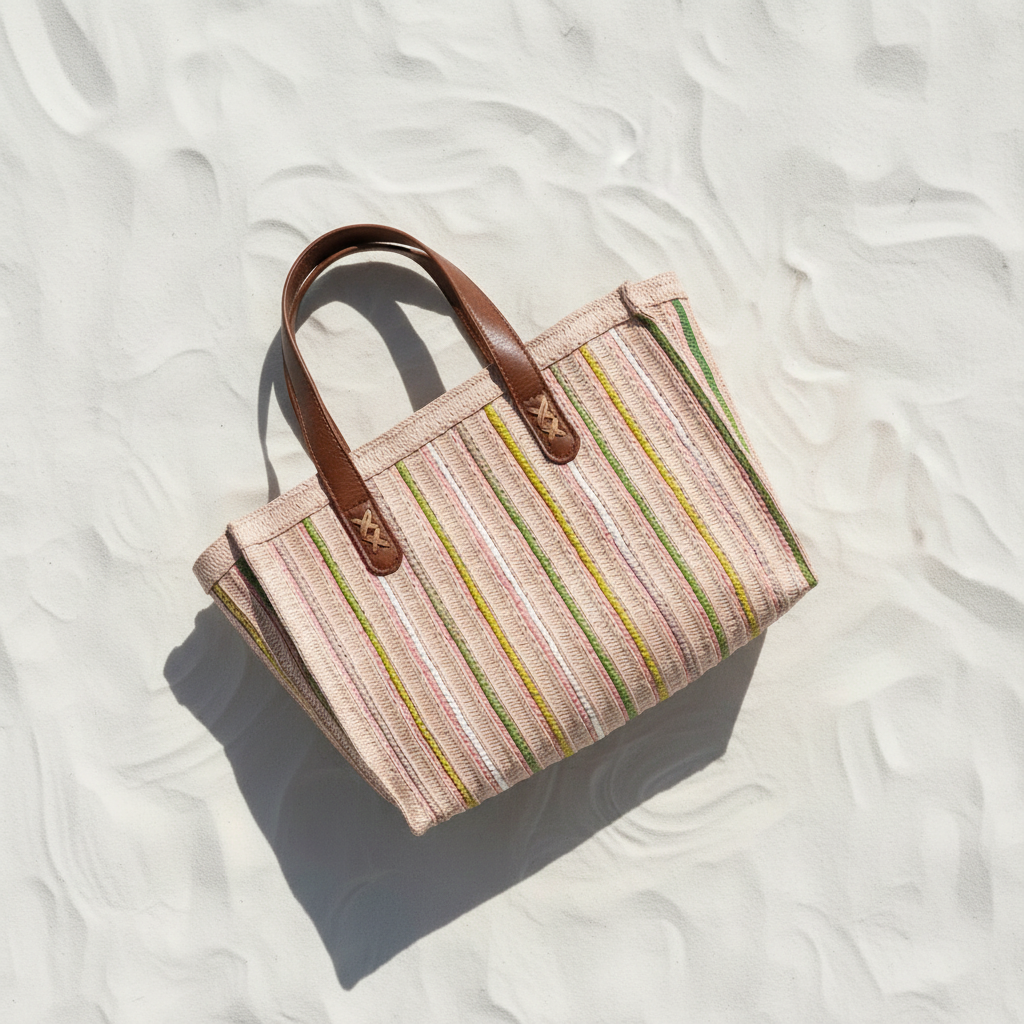 Borsa rafia rosa dettaglio flat lay