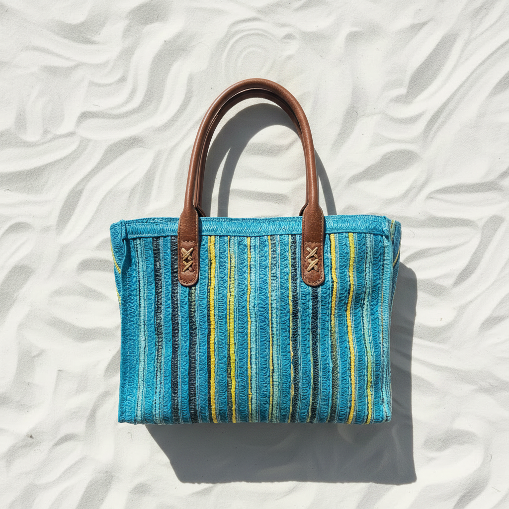 Borsa rafia turchese dettaglio flat lay