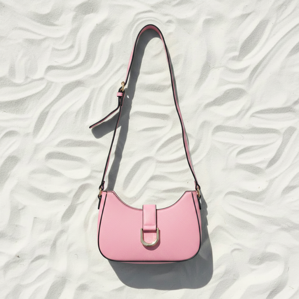 Borsa rosa con bordi neri flat lay su sabbia