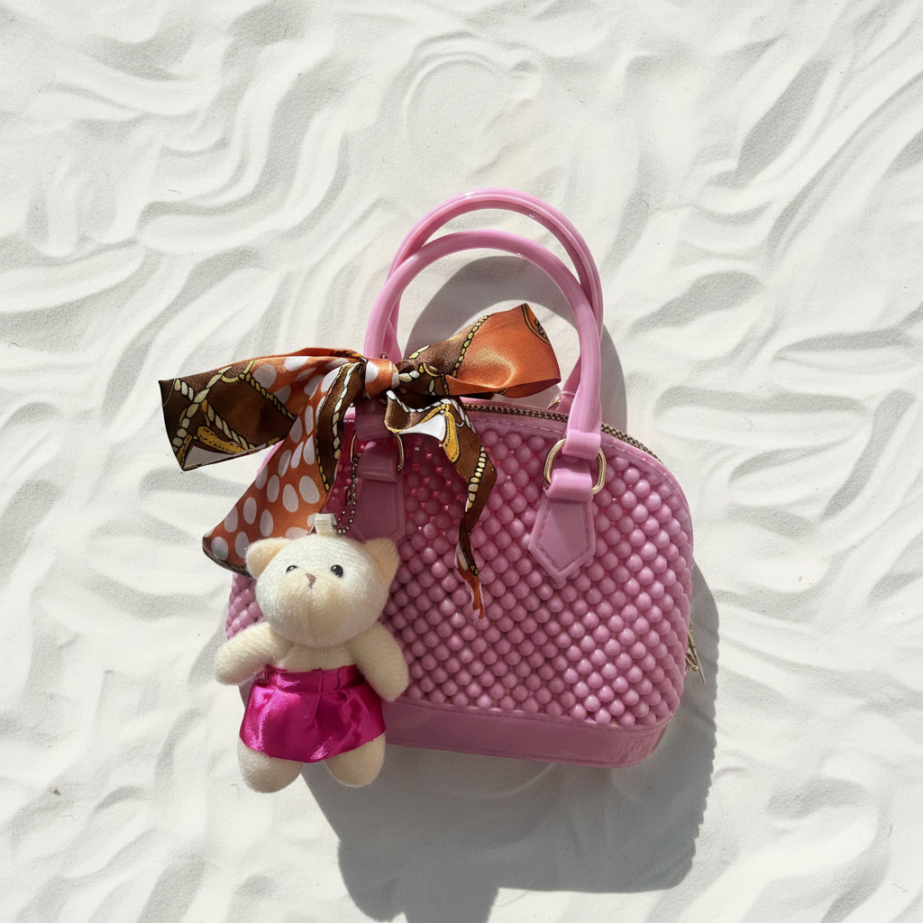 Borsa rosa perle con orsetto flat lay