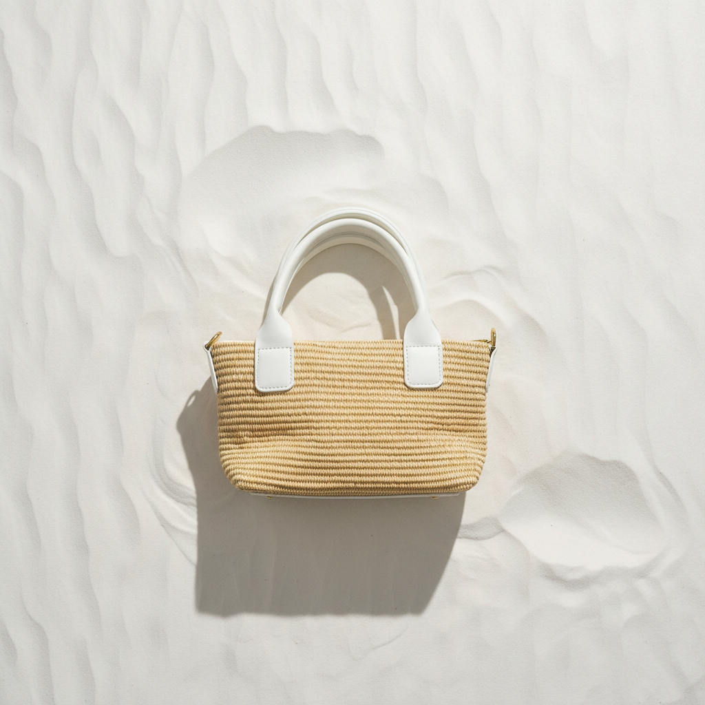 Coveri Collection Raffia Tote Bianca Retro – White Sand Flat Lay