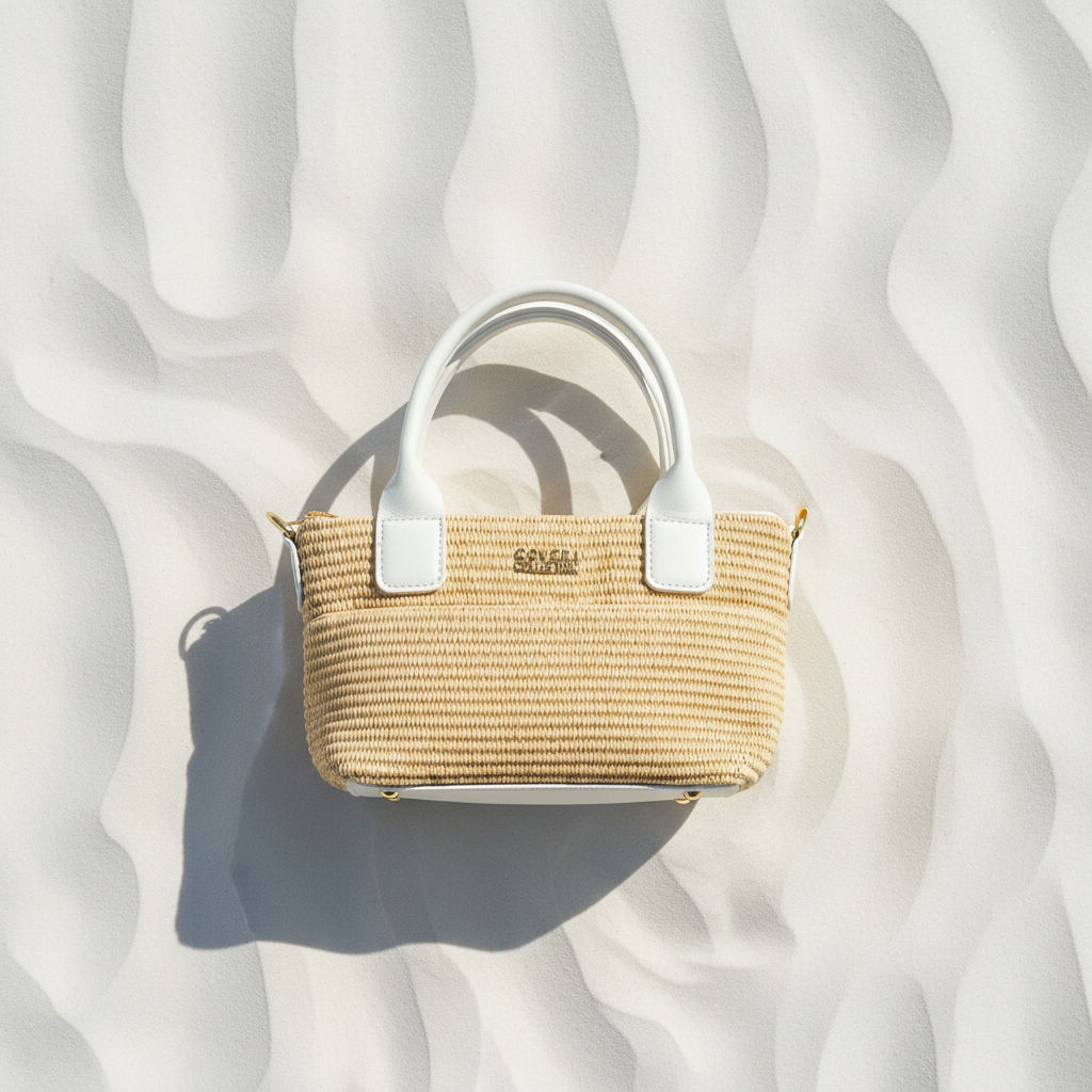 Coveri Collection Raffia Tote Bianca – White Sand Flat Lay