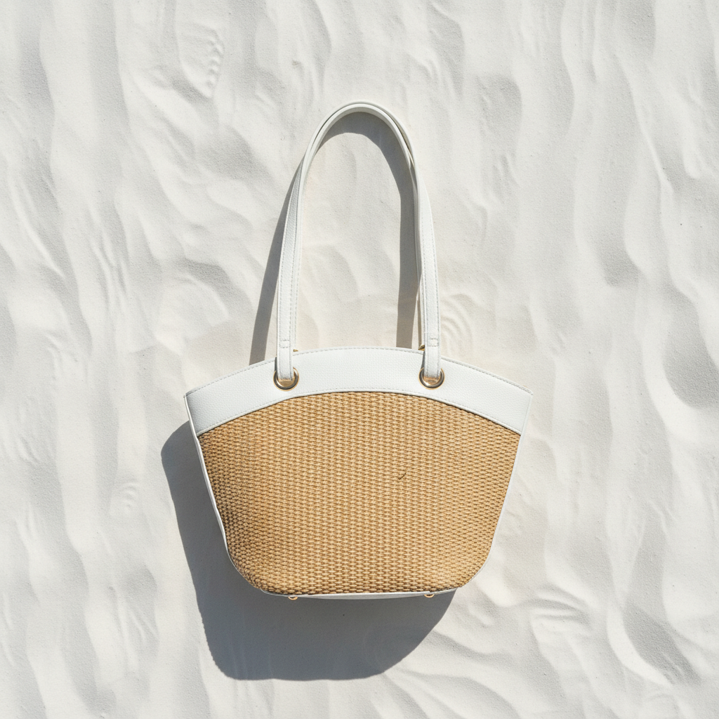 Coveri Collection Shopper Rafia Retro – White Sand Flat Lay