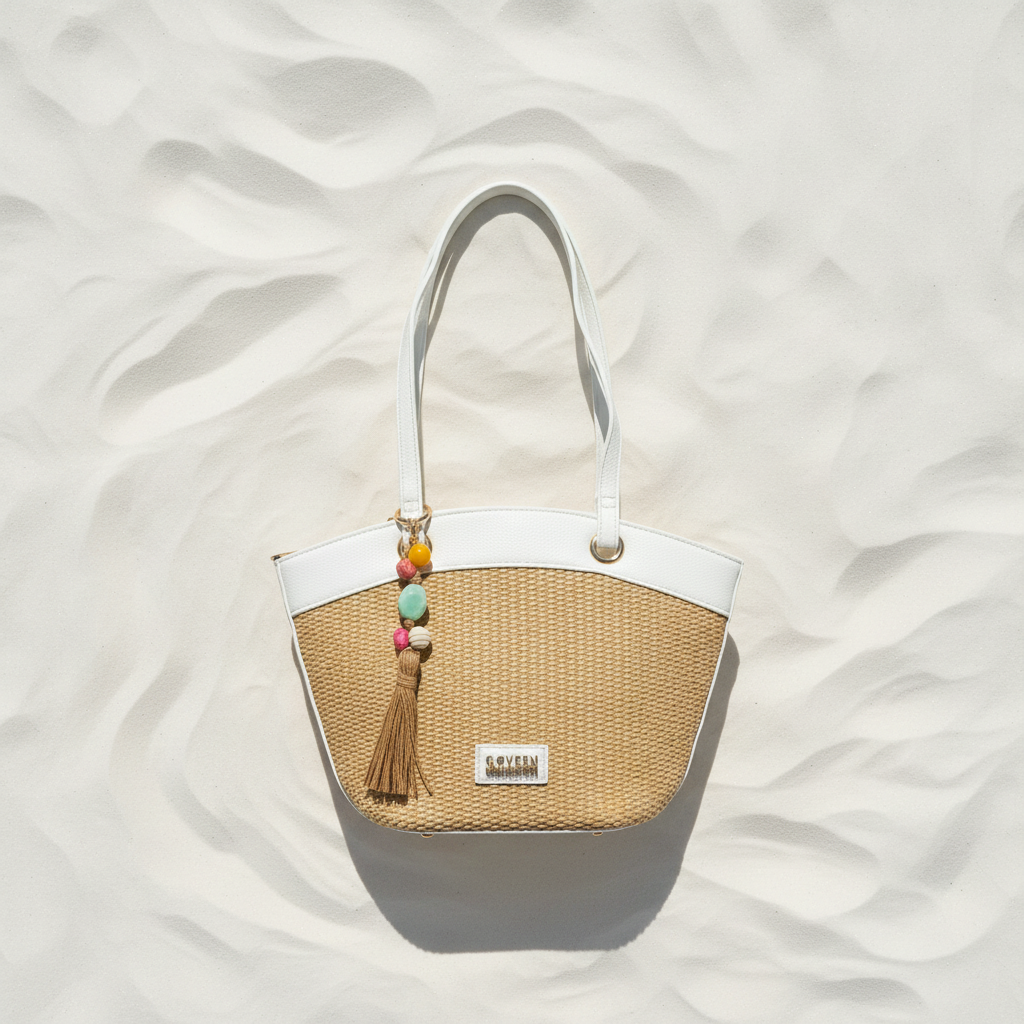 Coveri Collection Shopper Rafia – White Sand Flat Lay