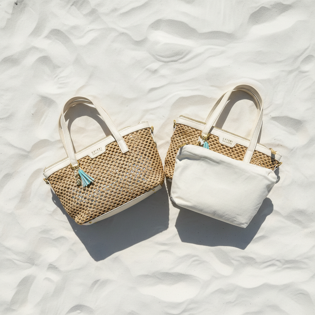 Coveri Collection Tote + Pochette Set – White Sand Flat Lay