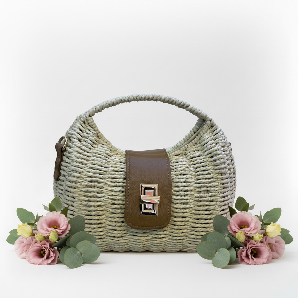 Cream raffia hobo bag front