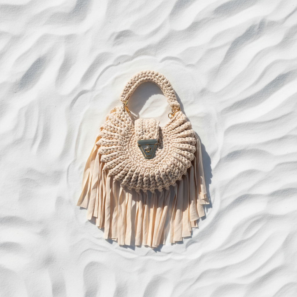 Crochet Frange Beige Fronte – White Sand Flat Lay
