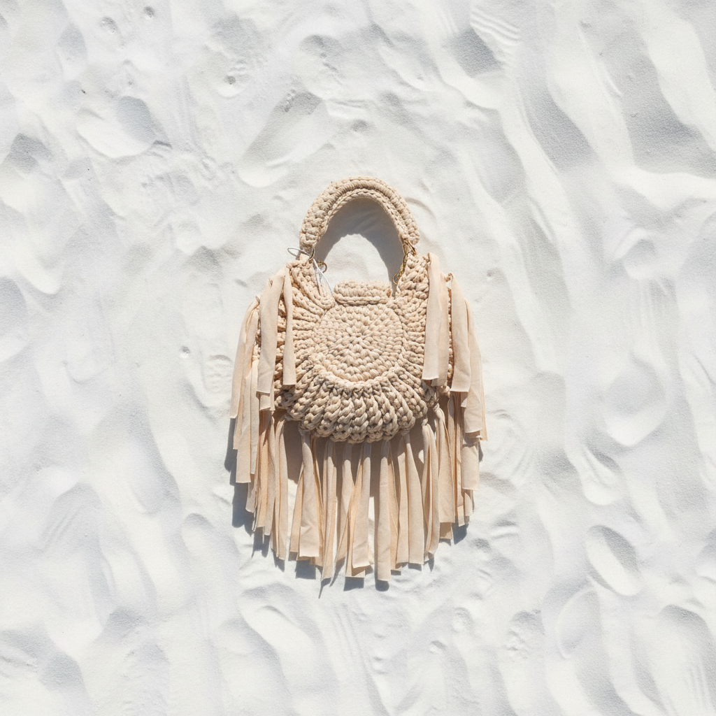 Crochet Frange Beige Retro – White Sand Flat Lay