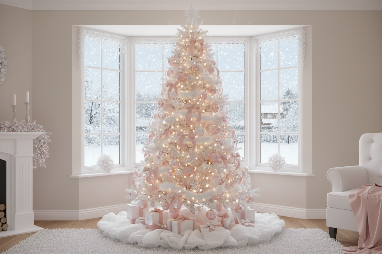 immagine con bianco e rosa di un albero di natale con dietro una finestra che nevica