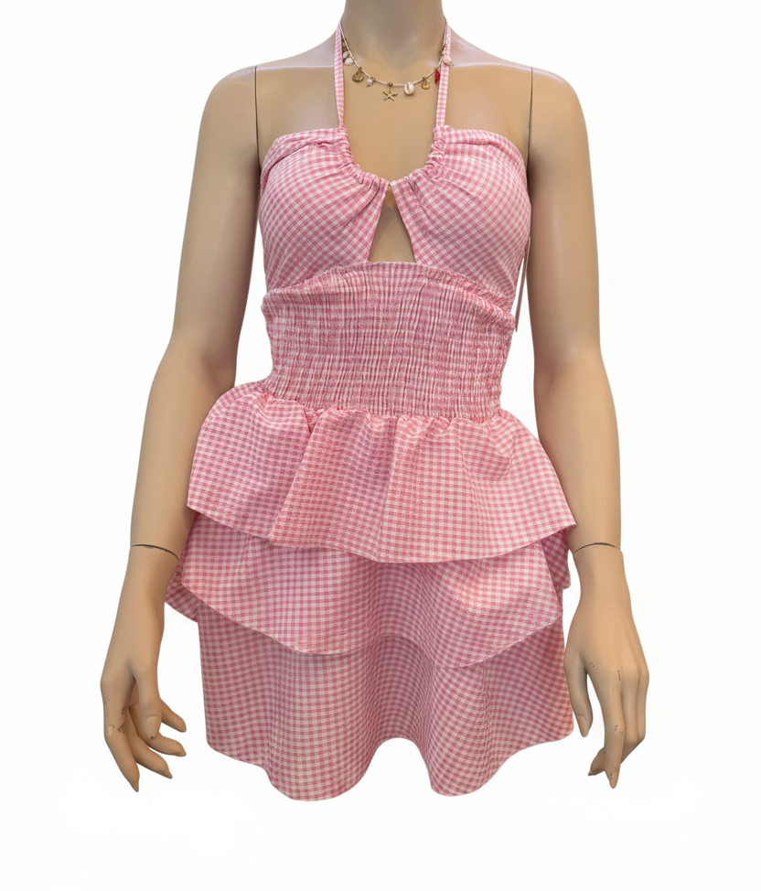 Pink Gingham Peplum Dress — Sfondo Rimosso
