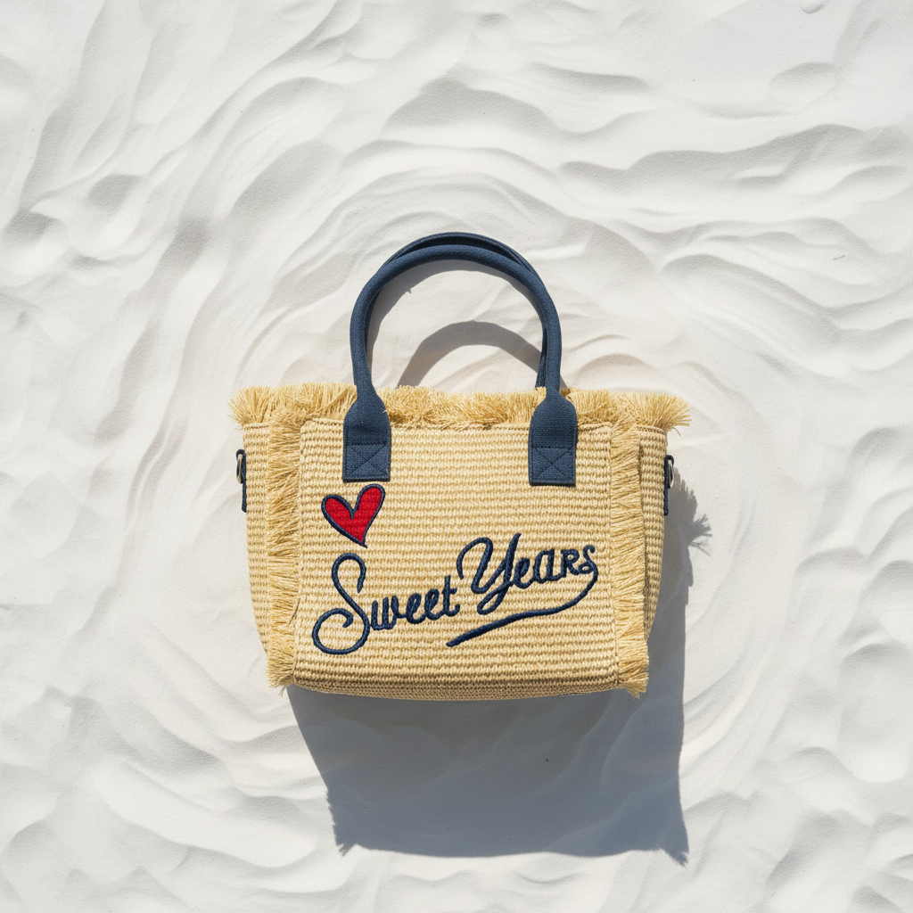 Sweet Years Raffia Tote Fronte – White Sand Flat Lay