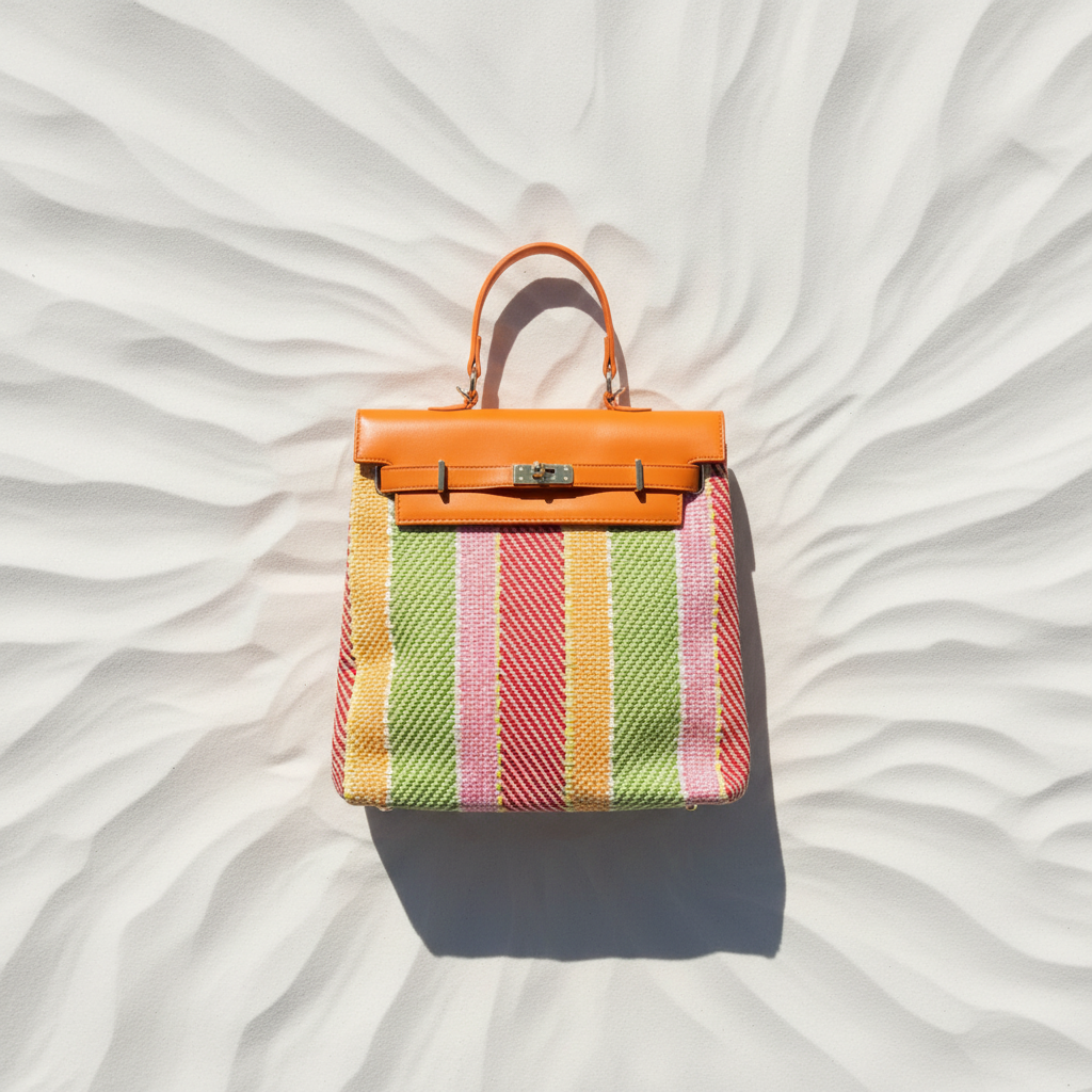 Zaino Rafia Multicolor Arancio Fronte – White Sand Flat Lay