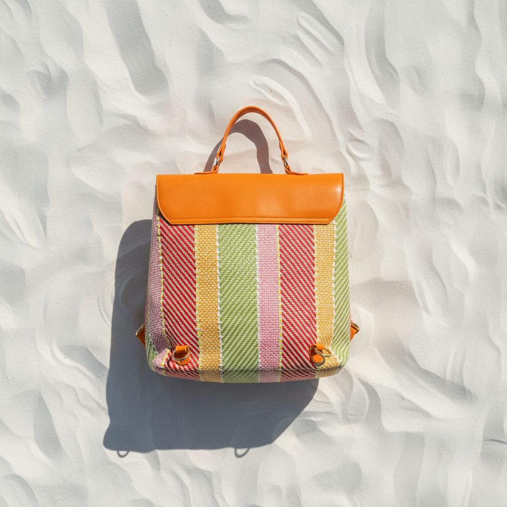 Zaino Rafia Multicolor Arancio Retro – White Sand Flat Lay