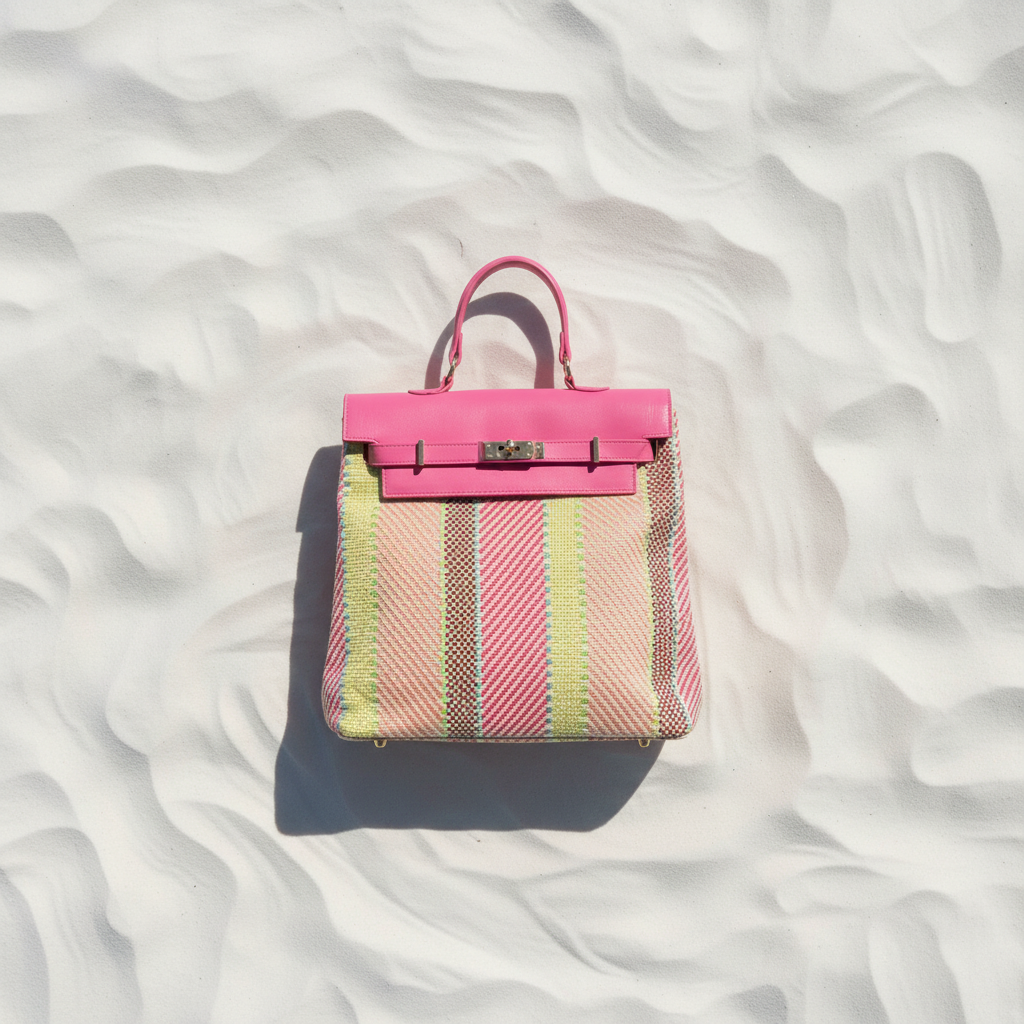 Zaino Rafia Multicolor Fucsia Fronte – White Sand Flat Lay